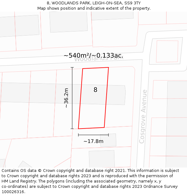 8, WOODLANDS PARK, LEIGH-ON-SEA, SS9 3TY: Plot and title map