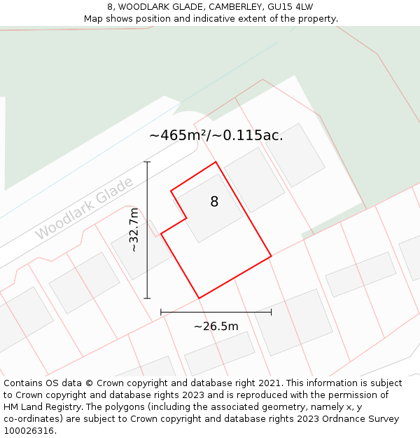 8, WOODLARK GLADE, CAMBERLEY, GU15 4LW: Plot and title map