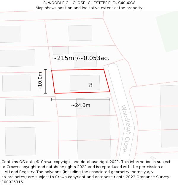 8, WOODLEIGH CLOSE, CHESTERFIELD, S40 4XW: Plot and title map