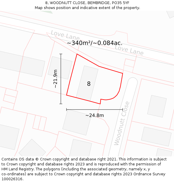 8, WOODNUTT CLOSE, BEMBRIDGE, PO35 5YF: Plot and title map