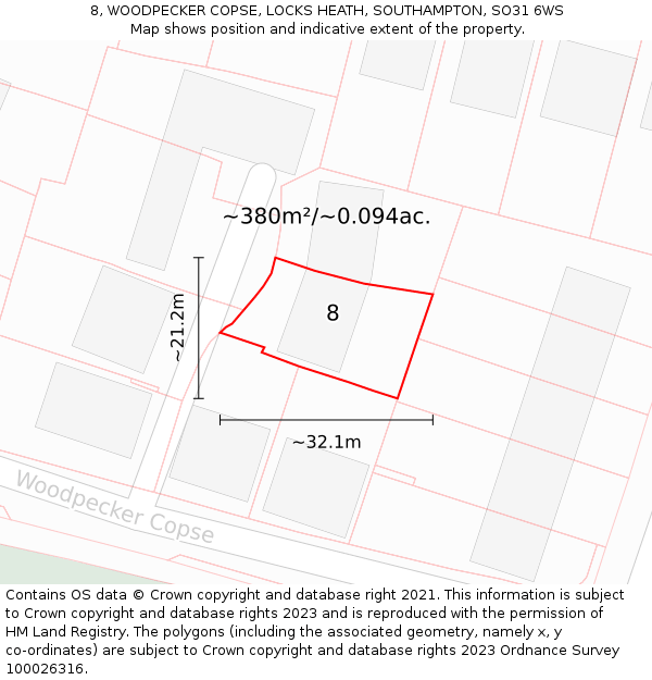 8, WOODPECKER COPSE, LOCKS HEATH, SOUTHAMPTON, SO31 6WS: Plot and title map