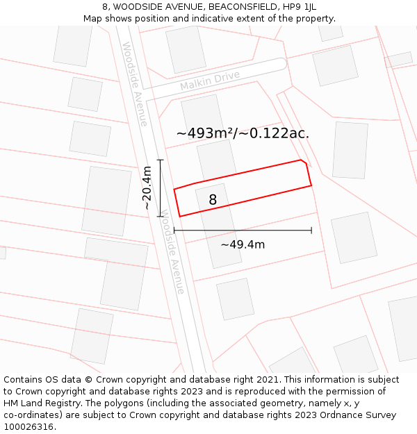 8, WOODSIDE AVENUE, BEACONSFIELD, HP9 1JL: Plot and title map