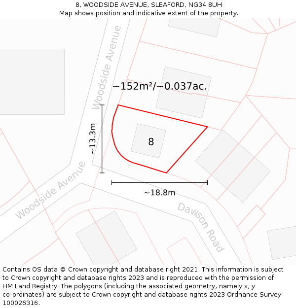 8, WOODSIDE AVENUE, SLEAFORD, NG34 8UH: Plot and title map