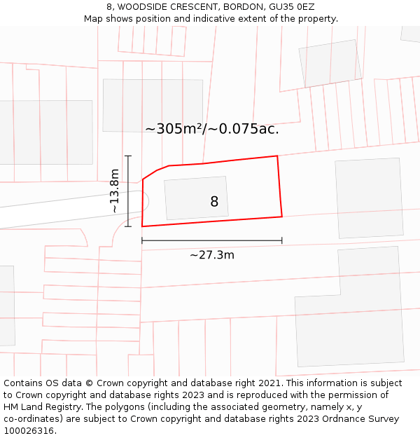 8, WOODSIDE CRESCENT, BORDON, GU35 0EZ: Plot and title map