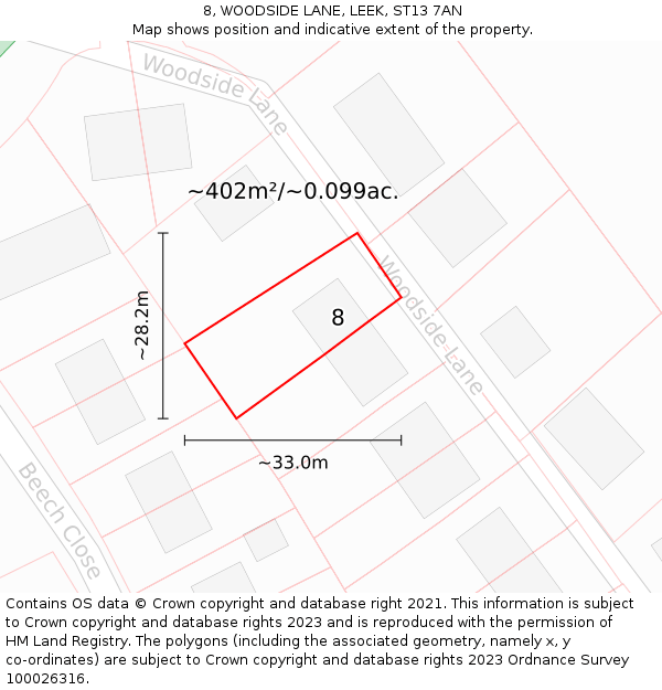 8, WOODSIDE LANE, LEEK, ST13 7AN: Plot and title map