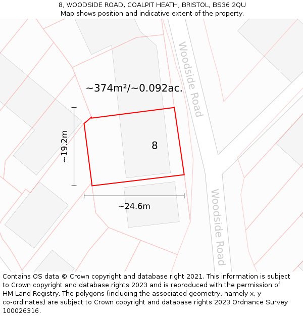 8, WOODSIDE ROAD, COALPIT HEATH, BRISTOL, BS36 2QU: Plot and title map