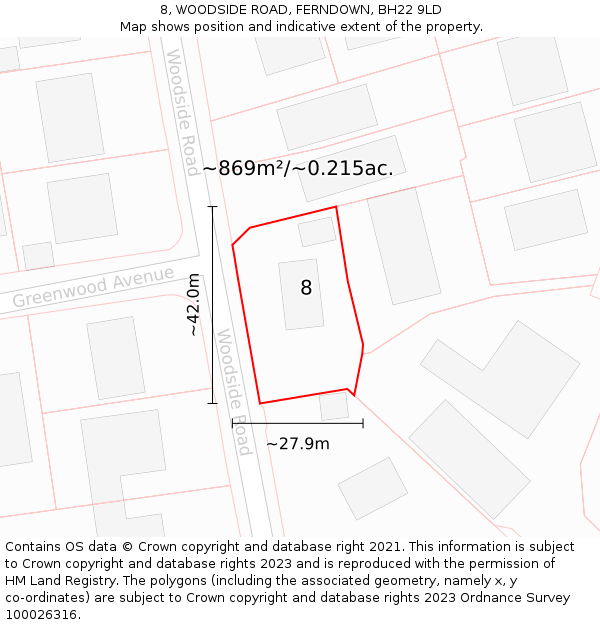 8, WOODSIDE ROAD, FERNDOWN, BH22 9LD: Plot and title map