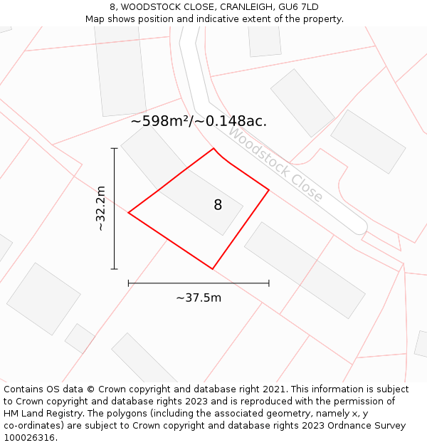 8, WOODSTOCK CLOSE, CRANLEIGH, GU6 7LD: Plot and title map