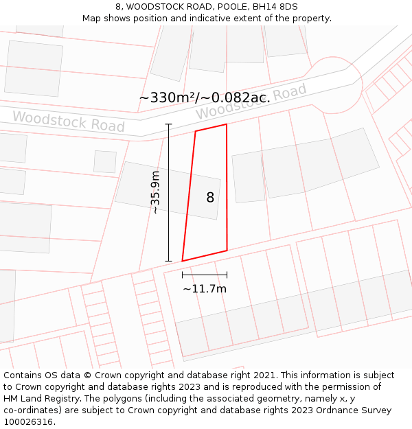 8, WOODSTOCK ROAD, POOLE, BH14 8DS: Plot and title map