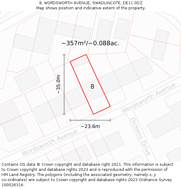 8, WORDSWORTH AVENUE, SWADLINCOTE, DE11 0DZ: Plot and title map