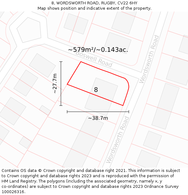 8, WORDSWORTH ROAD, RUGBY, CV22 6HY: Plot and title map