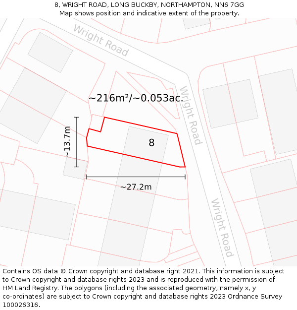 8, WRIGHT ROAD, LONG BUCKBY, NORTHAMPTON, NN6 7GG: Plot and title map