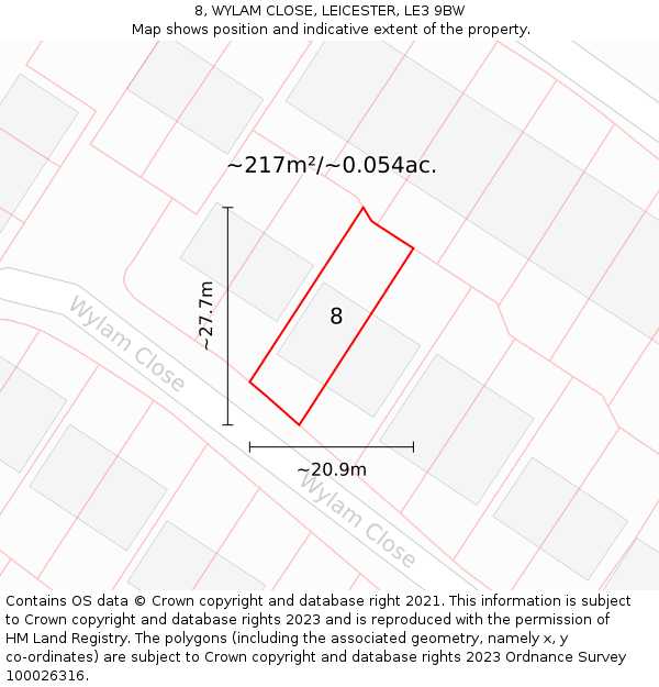 8, WYLAM CLOSE, LEICESTER, LE3 9BW: Plot and title map