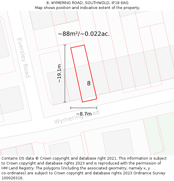 8, WYMERING ROAD, SOUTHWOLD, IP18 6AG: Plot and title map