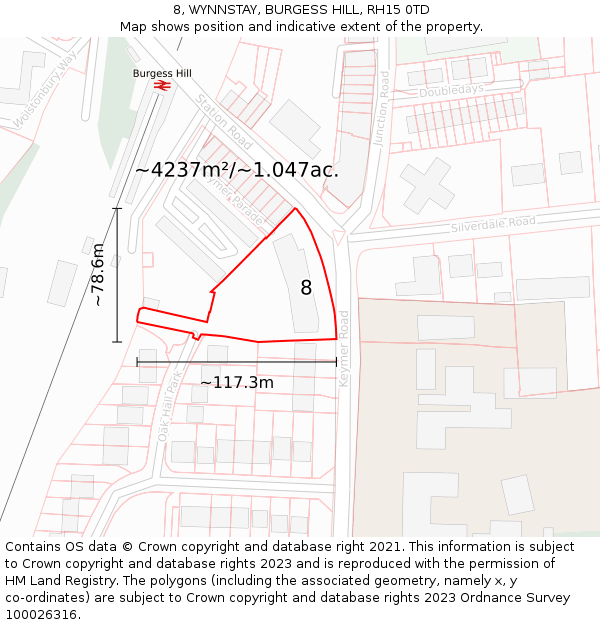 8, WYNNSTAY, BURGESS HILL, RH15 0TD: Plot and title map