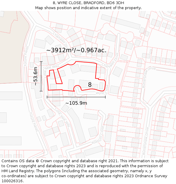 8, WYRE CLOSE, BRADFORD, BD6 3DH: Plot and title map