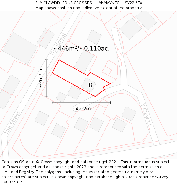 8, Y CLAWDD, FOUR CROSSES, LLANYMYNECH, SY22 6TX: Plot and title map