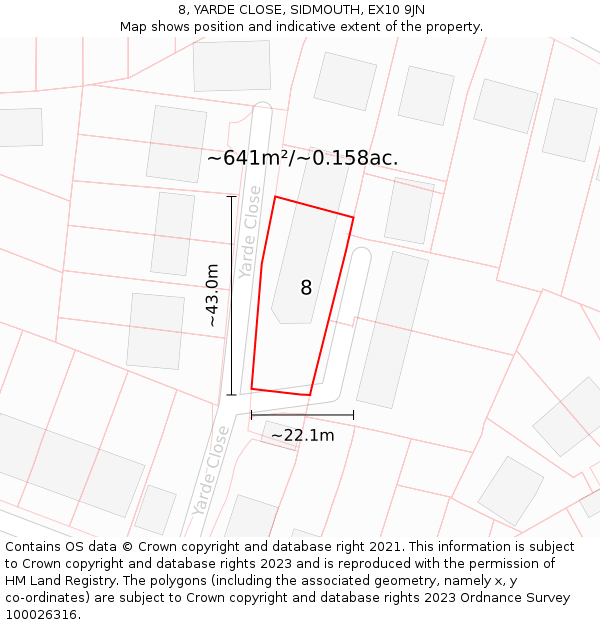 8, YARDE CLOSE, SIDMOUTH, EX10 9JN: Plot and title map