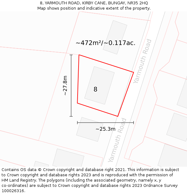 8, YARMOUTH ROAD, KIRBY CANE, BUNGAY, NR35 2HQ: Plot and title map