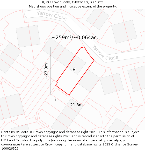 8, YARROW CLOSE, THETFORD, IP24 2TZ: Plot and title map