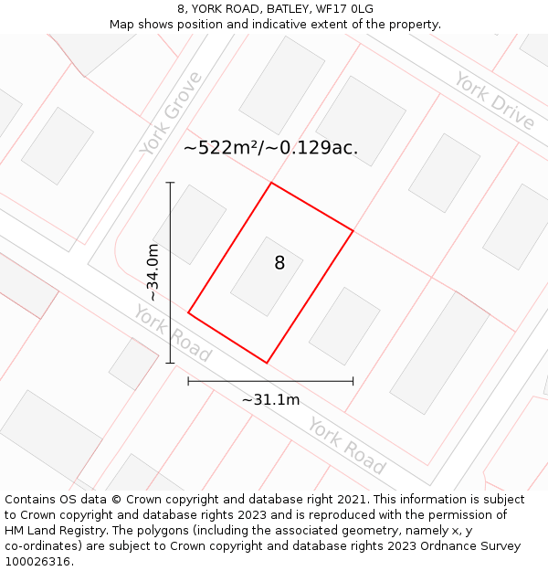 8, YORK ROAD, BATLEY, WF17 0LG: Plot and title map