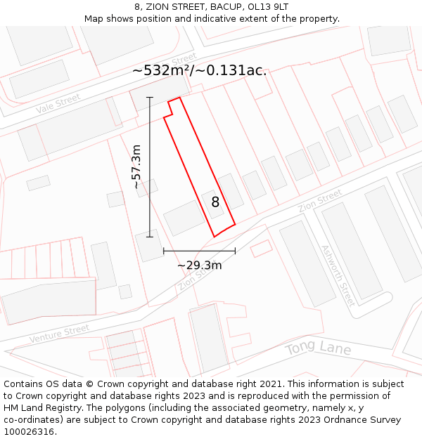 8, ZION STREET, BACUP, OL13 9LT: Plot and title map