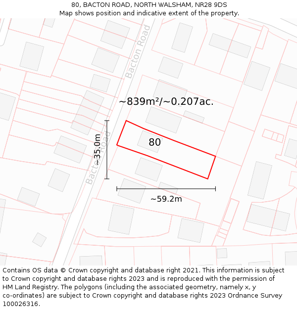 80, BACTON ROAD, NORTH WALSHAM, NR28 9DS: Plot and title map