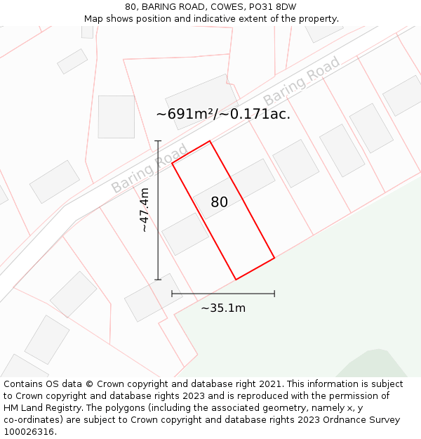 80, BARING ROAD, COWES, PO31 8DW: Plot and title map