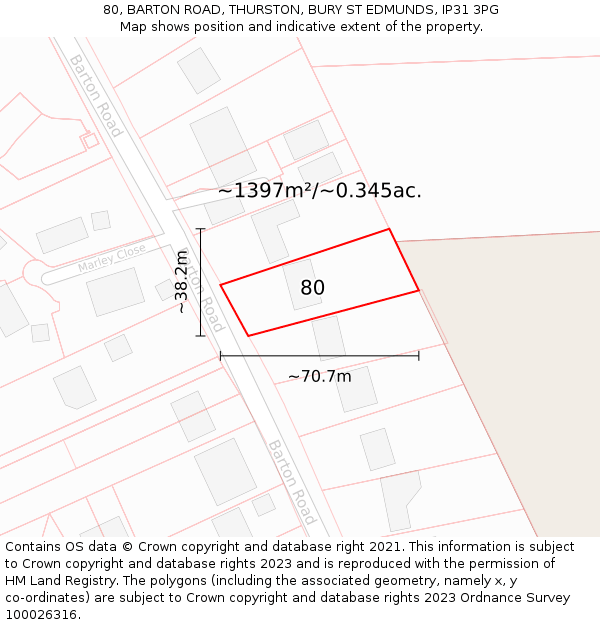 80, BARTON ROAD, THURSTON, BURY ST EDMUNDS, IP31 3PG: Plot and title map