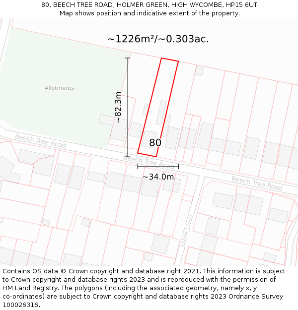 80, BEECH TREE ROAD, HOLMER GREEN, HIGH WYCOMBE, HP15 6UT: Plot and title map