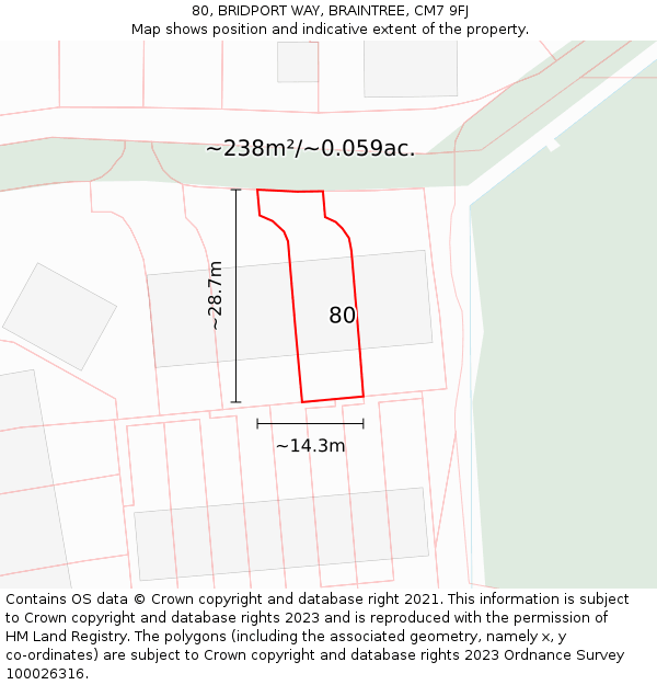 80, BRIDPORT WAY, BRAINTREE, CM7 9FJ: Plot and title map