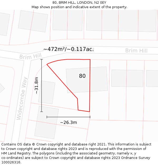 80, BRIM HILL, LONDON, N2 0EY: Plot and title map