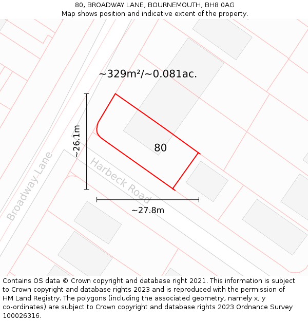 80, BROADWAY LANE, BOURNEMOUTH, BH8 0AG: Plot and title map