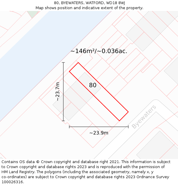 80, BYEWATERS, WATFORD, WD18 8WJ: Plot and title map