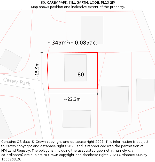 80, CAREY PARK, KILLIGARTH, LOOE, PL13 2JP: Plot and title map