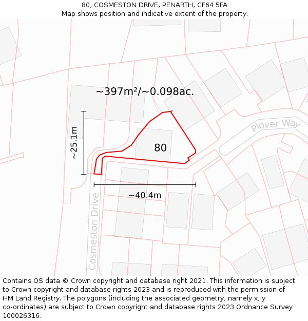 80, COSMESTON DRIVE, PENARTH, CF64 5FA: Plot and title map