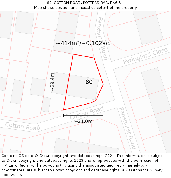 80, COTTON ROAD, POTTERS BAR, EN6 5JH: Plot and title map