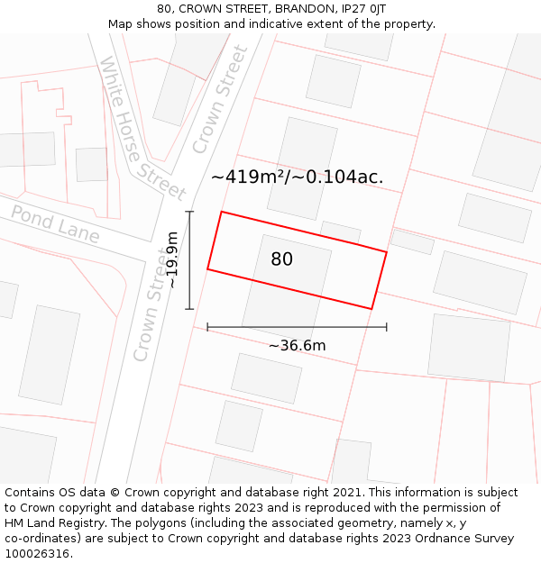 80, CROWN STREET, BRANDON, IP27 0JT: Plot and title map