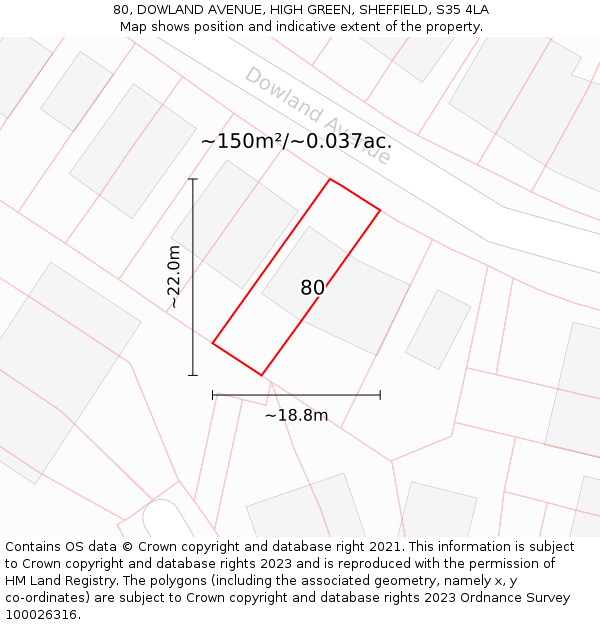 80, DOWLAND AVENUE, HIGH GREEN, SHEFFIELD, S35 4LA: Plot and title map