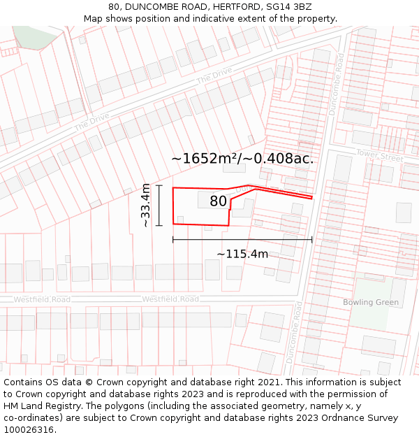 80, DUNCOMBE ROAD, HERTFORD, SG14 3BZ: Plot and title map