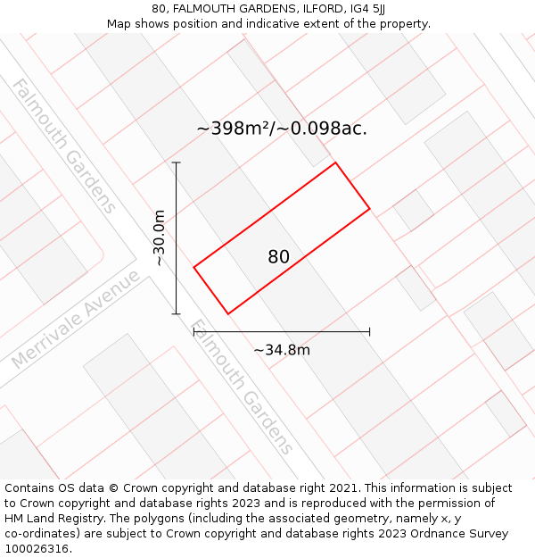 80, FALMOUTH GARDENS, ILFORD, IG4 5JJ: Plot and title map