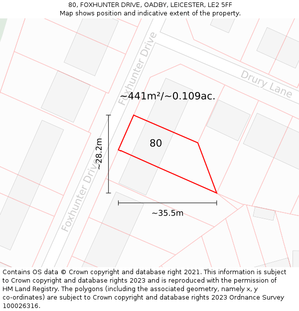 80, FOXHUNTER DRIVE, OADBY, LEICESTER, LE2 5FF: Plot and title map