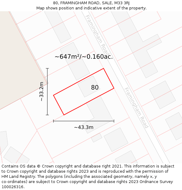 80, FRAMINGHAM ROAD, SALE, M33 3RJ: Plot and title map