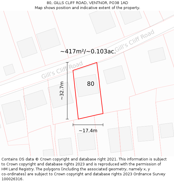 80, GILLS CLIFF ROAD, VENTNOR, PO38 1AD: Plot and title map