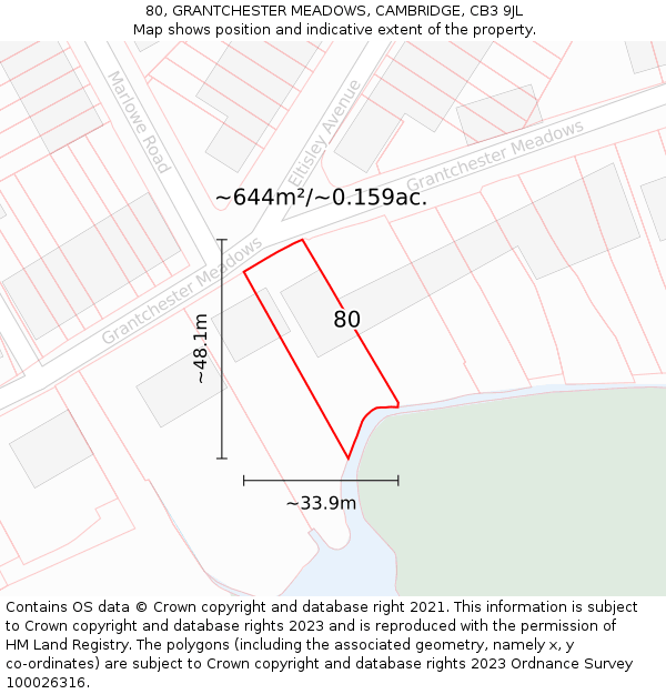 80, GRANTCHESTER MEADOWS, CAMBRIDGE, CB3 9JL: Plot and title map