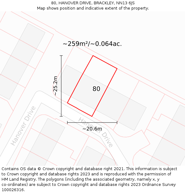 80, HANOVER DRIVE, BRACKLEY, NN13 6JS: Plot and title map