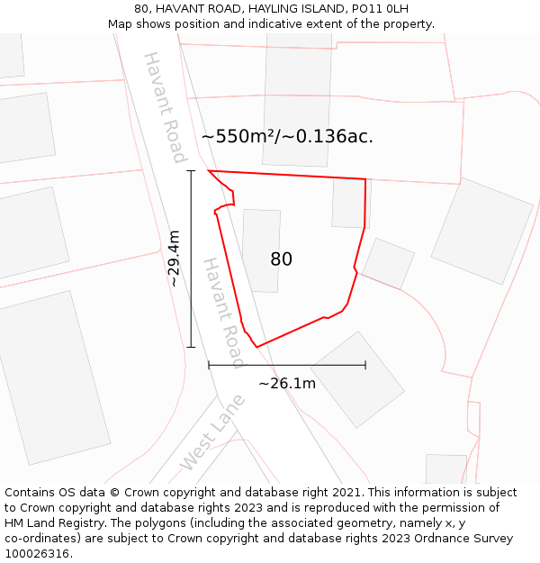 80, HAVANT ROAD, HAYLING ISLAND, PO11 0LH: Plot and title map