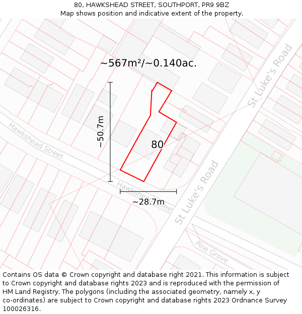 80, HAWKSHEAD STREET, SOUTHPORT, PR9 9BZ: Plot and title map