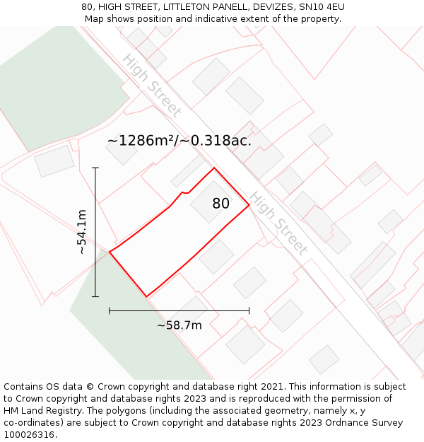 80, HIGH STREET, LITTLETON PANELL, DEVIZES, SN10 4EU: Plot and title map