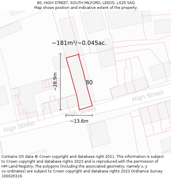 80, HIGH STREET, SOUTH MILFORD, LEEDS, LS25 5AQ: Plot and title map